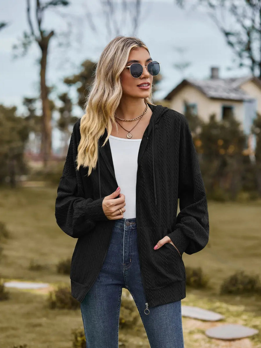 Zip Up Drawstring Long Sleeve Hooded Jacket - Easy Pickins Store
