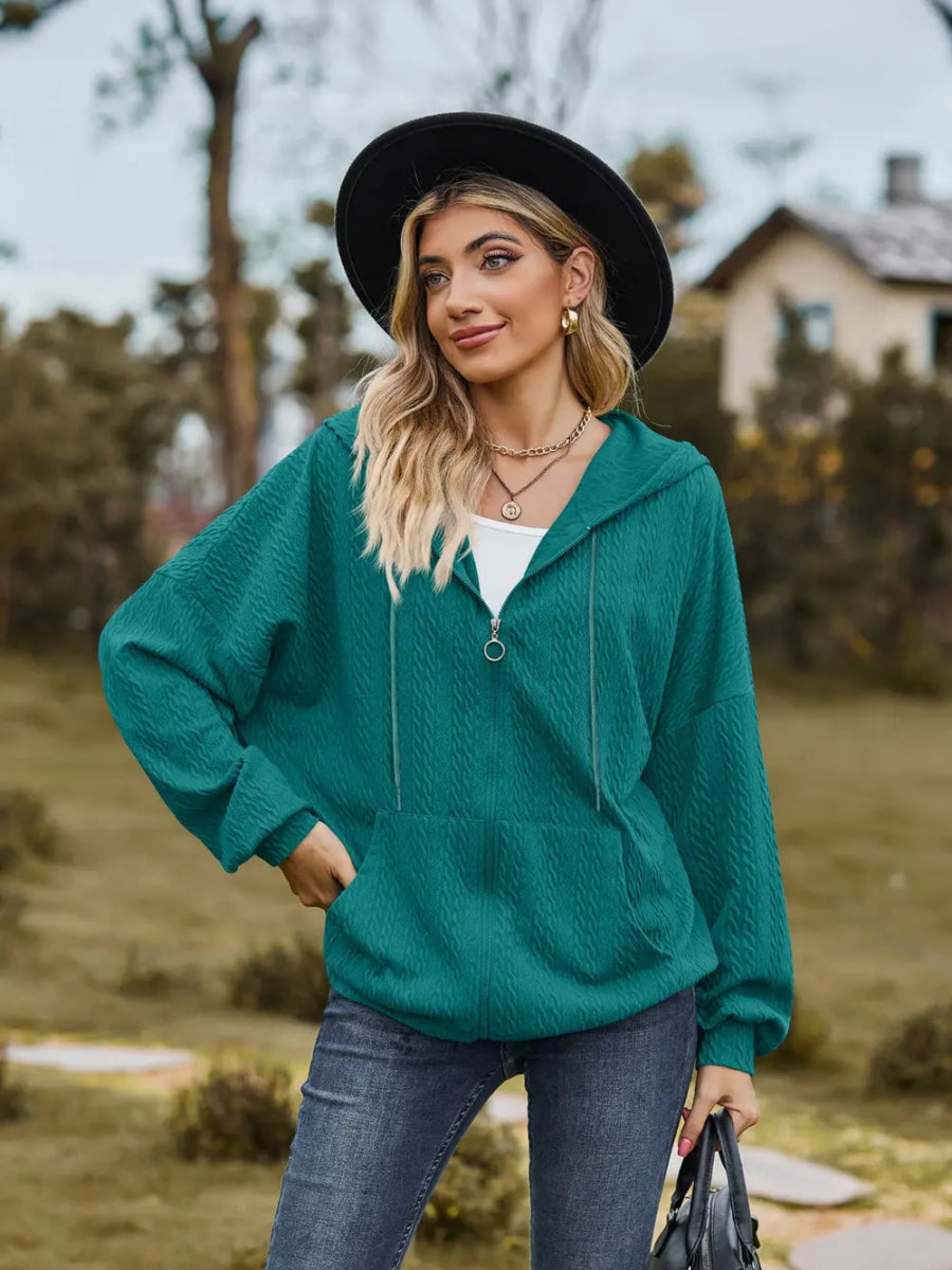 Zip Up Drawstring Long Sleeve Hooded Jacket - Easy Pickins Store