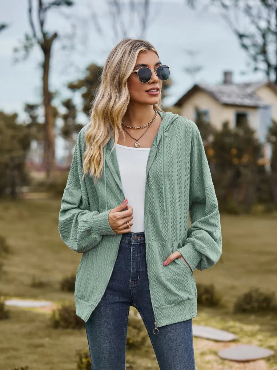 Zip Up Drawstring Long Sleeve Hooded Jacket - Easy Pickins Store