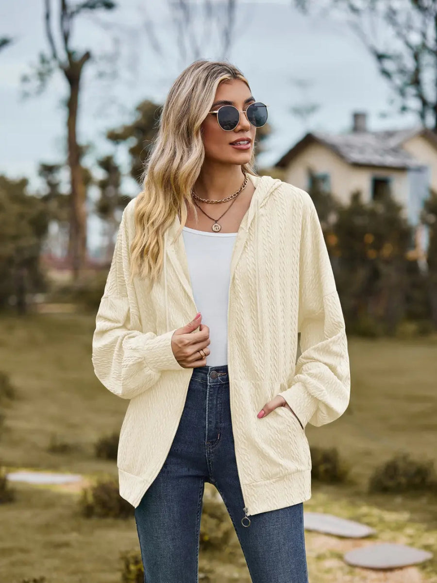 Zip Up Drawstring Long Sleeve Hooded Jacket - Easy Pickins Store