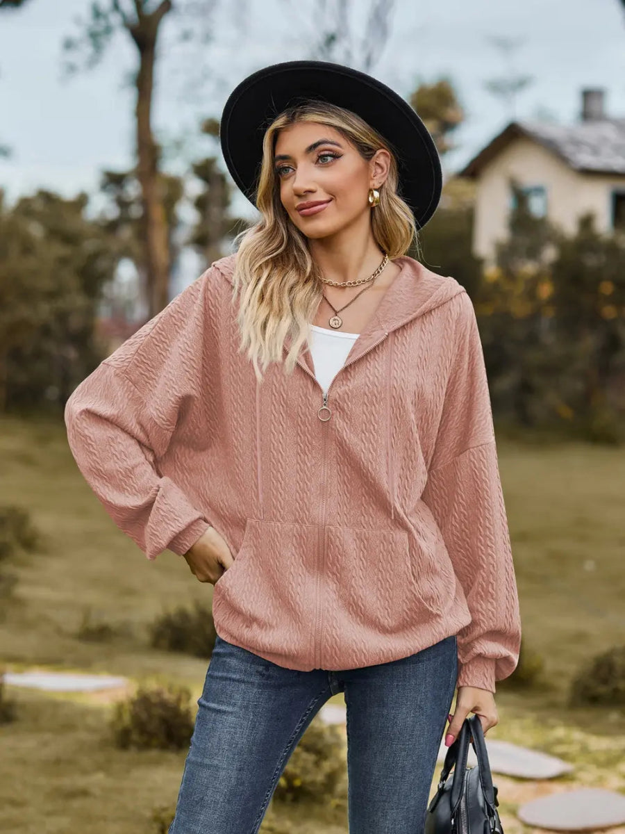 Zip Up Drawstring Long Sleeve Hooded Jacket - Easy Pickins Store