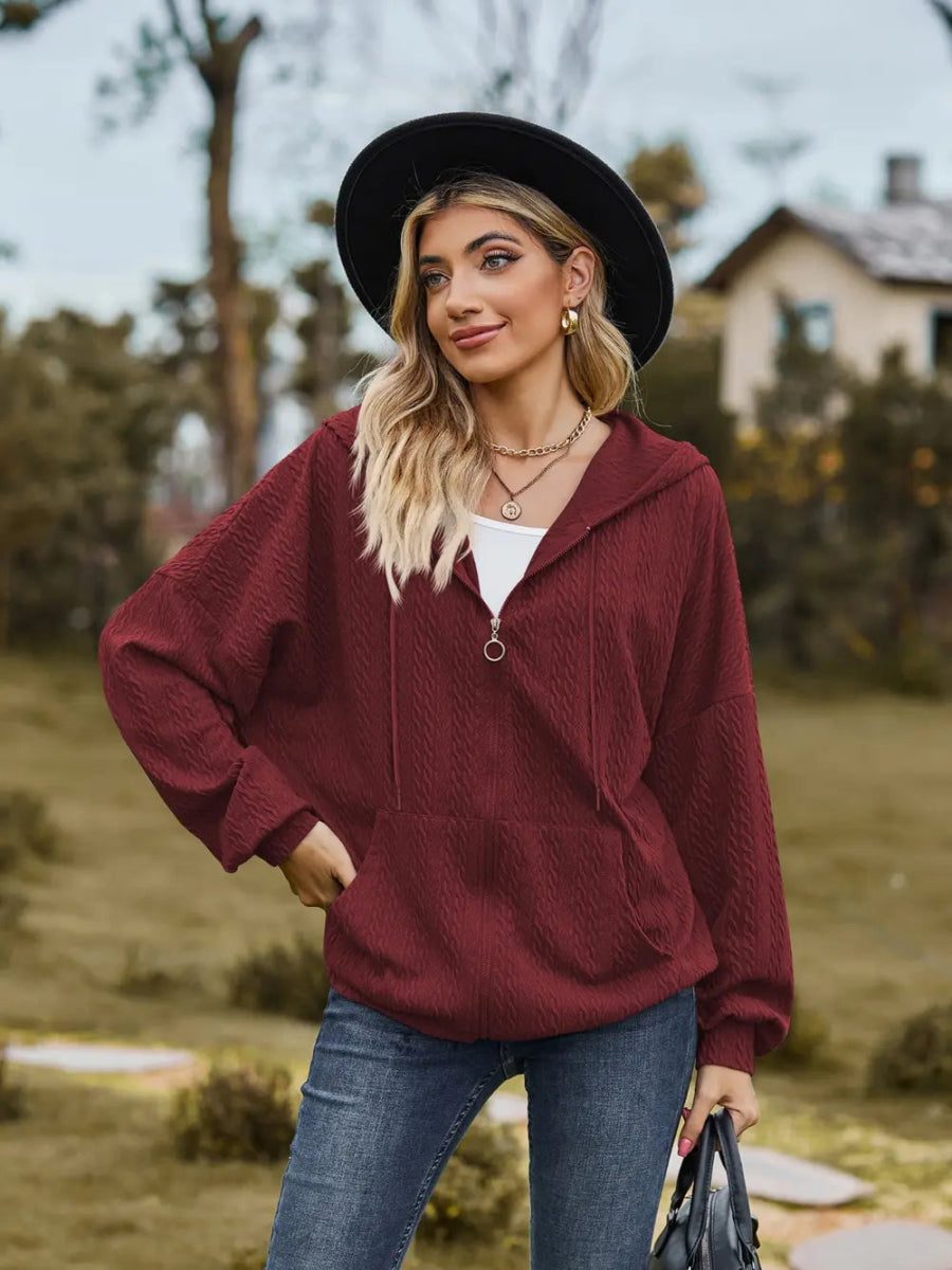 Zip Up Drawstring Long Sleeve Hooded Jacket - Easy Pickins Store