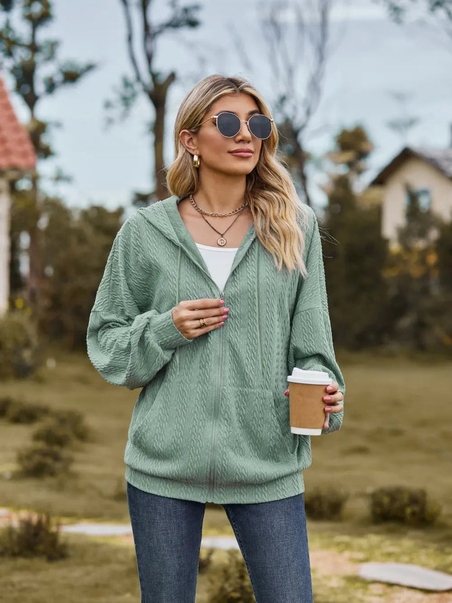 Zip Up Drawstring Long Sleeve Hooded Jacket - Easy Pickins Store
