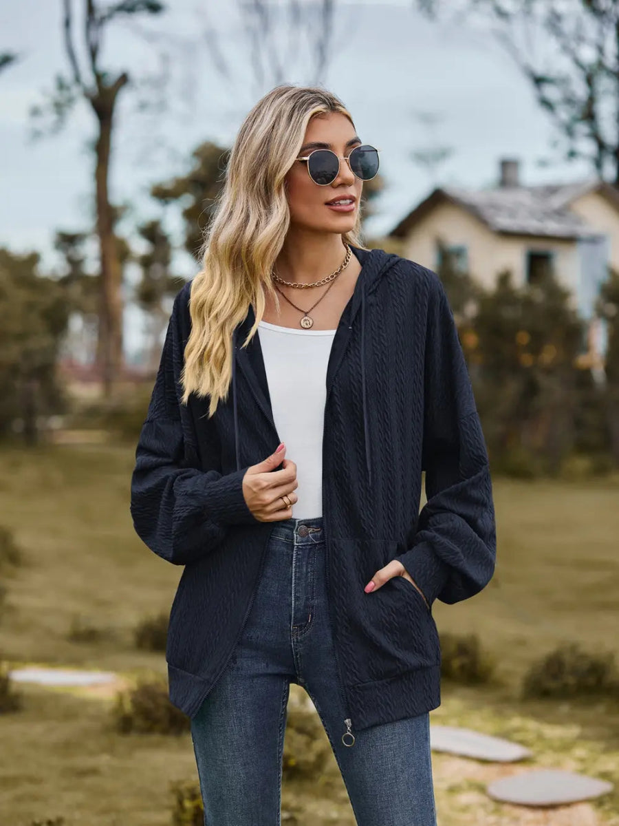 Zip Up Drawstring Long Sleeve Hooded Jacket - Easy Pickins Store