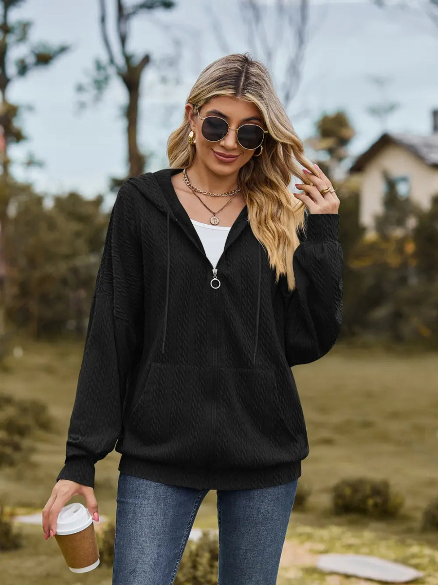 Zip Up Drawstring Long Sleeve Hooded Jacket - Easy Pickins Store