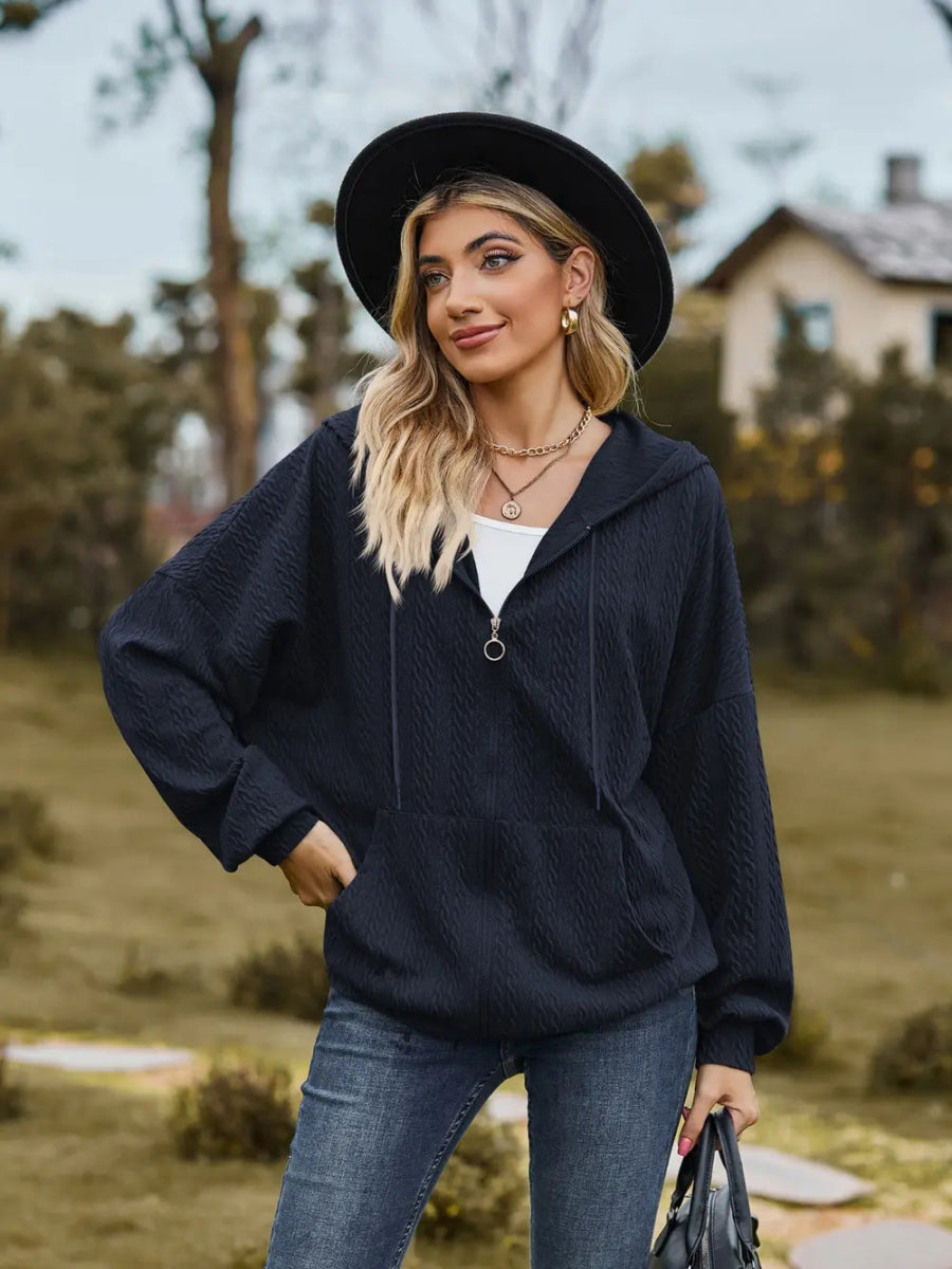 Zip Up Drawstring Long Sleeve Hooded Jacket - Easy Pickins Store
