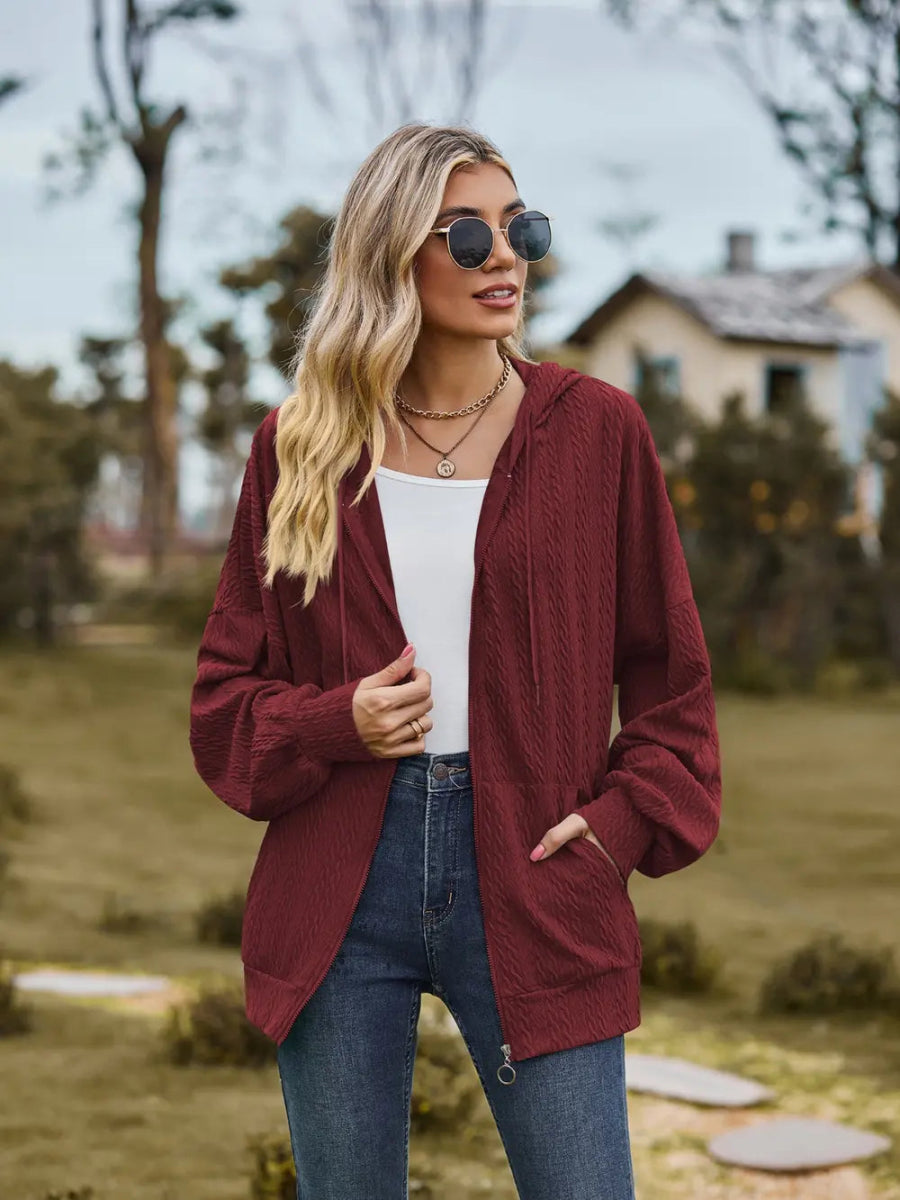 Zip Up Drawstring Long Sleeve Hooded Jacket - Easy Pickins Store