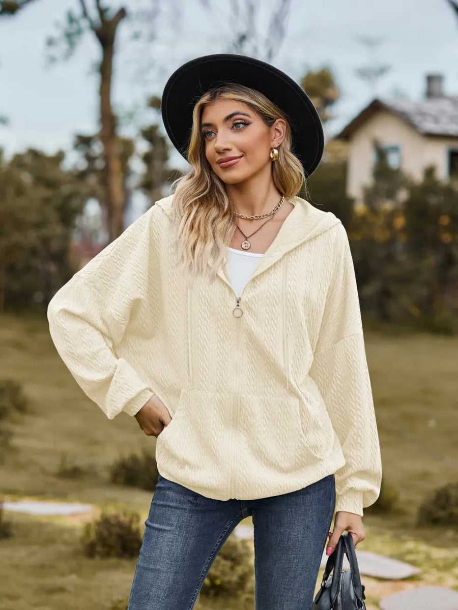 Zip Up Drawstring Long Sleeve Hooded Jacket - Easy Pickins Store