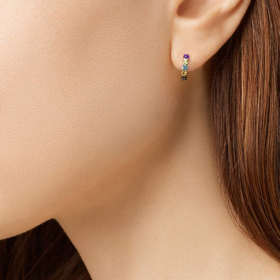 14K Solid Yellow Gold 3/4cttw Multi Colored Amethyst Peridot Topaz Citrine Garnet Tiny/Small Hinged Huggie Cartilage Hoop Earrings Dainty Delicate Diameter 12mm - Easy Pickins Store