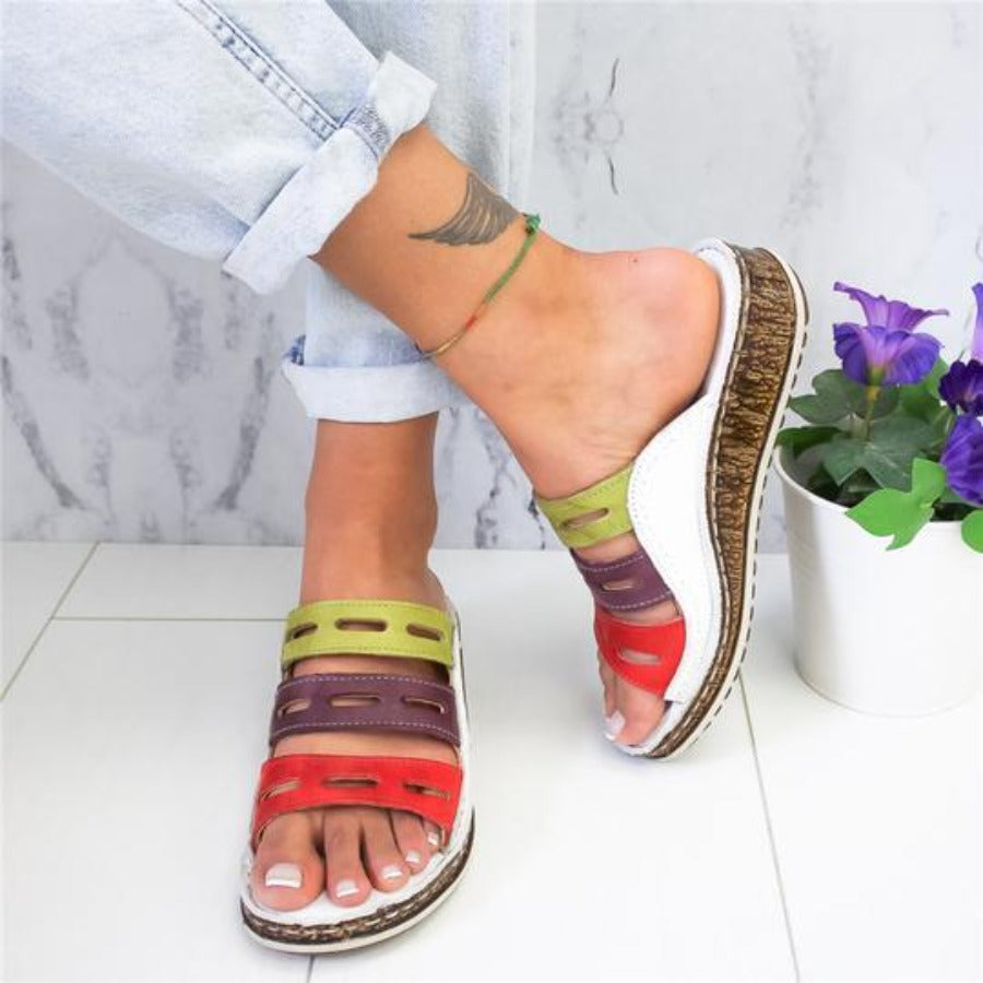 3 Color Stitching Sandals Open Toe Platform Wedge Slides - Easy Pickins Store