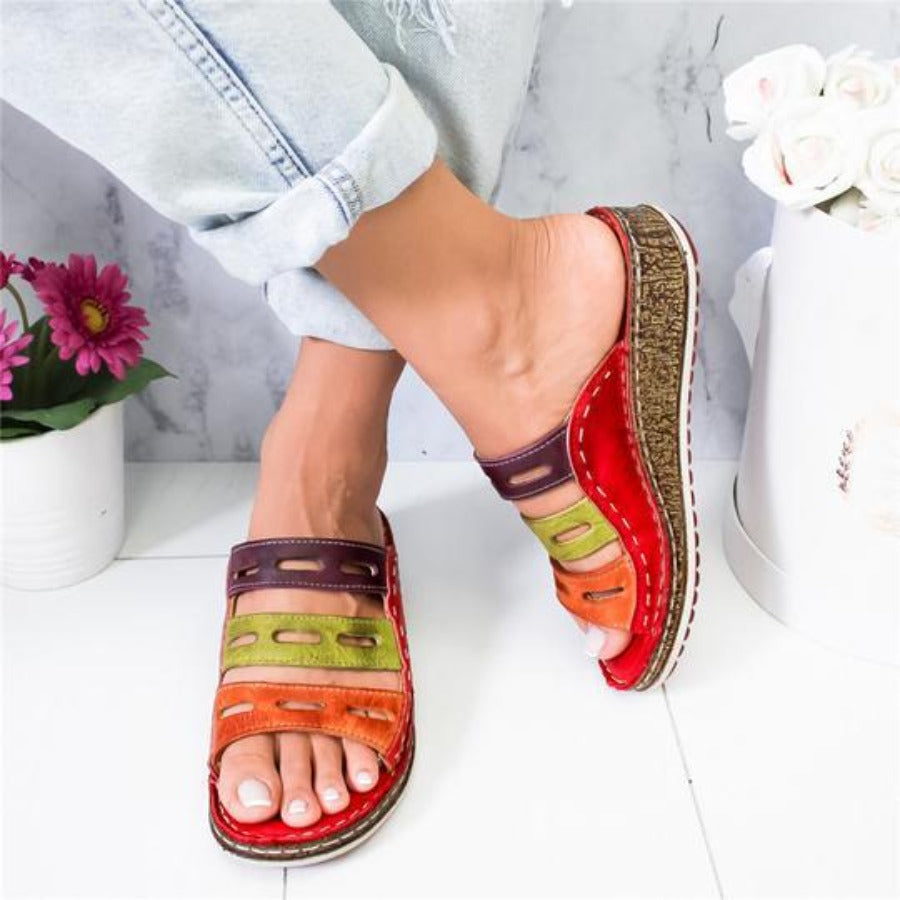 3 Color Stitching Sandals Open Toe Platform Wedge Slides - Easy Pickins Store