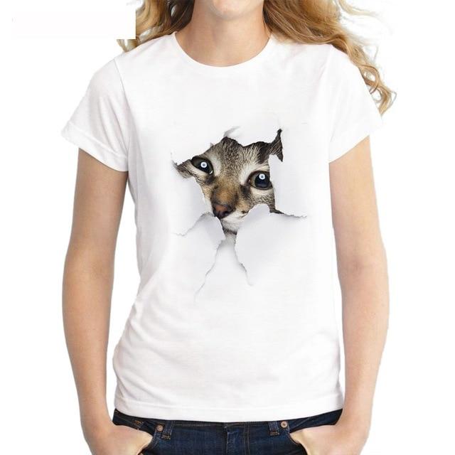 3D Cat Print White Soft T-shirt Short sleeve Round neck - Easy Pickins Store