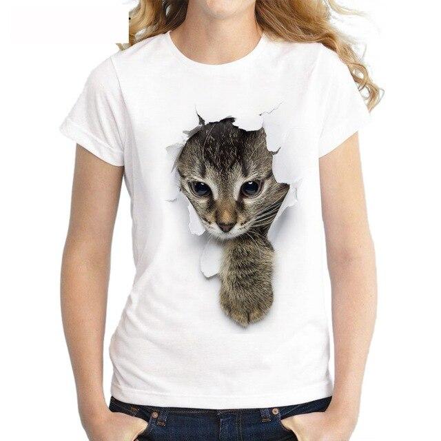 3D Cat Print White Soft T-shirt Short sleeve Round neck - Easy Pickins Store
