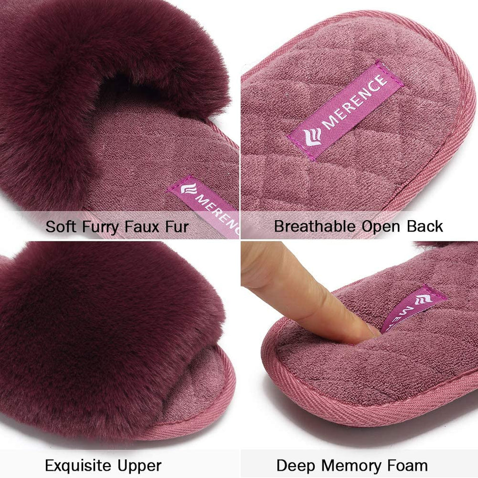 Furry Faux Fur Slippers Memory Foam Slippers Slip on - Easy Pickins Store