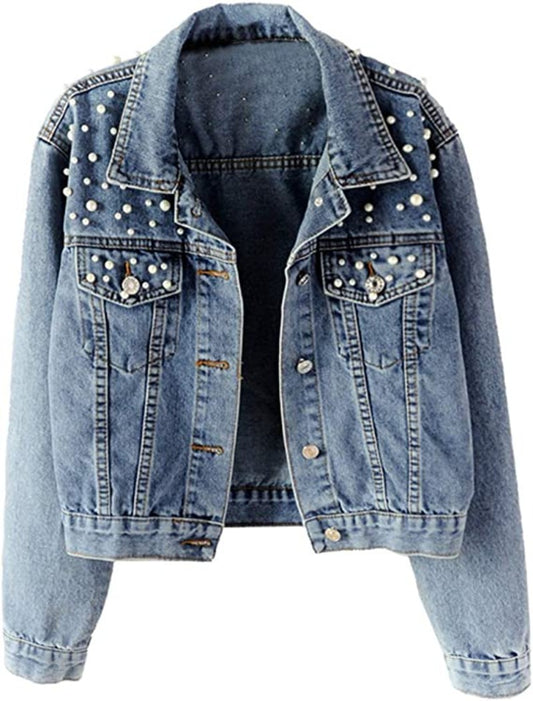 Pearl Beading Slim Denim Streetwear Jacket - Easy Pickins Store