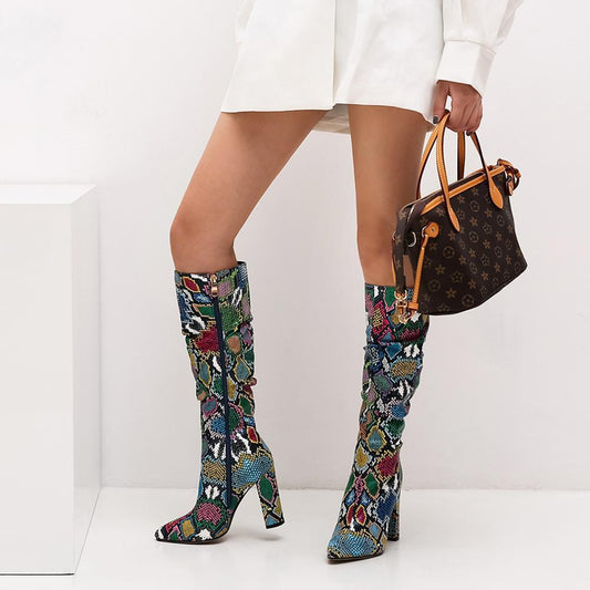 Colorful Snake Skin Thick High Heel Pointed Toe Zip Pleated Boots - Easy Pickins Store