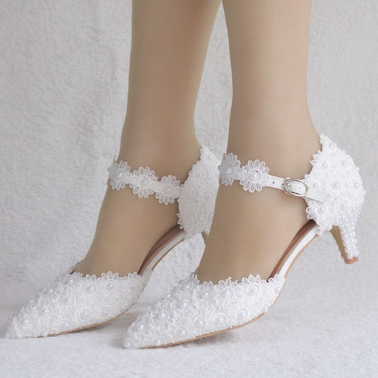 Flowers Crystal Wedding Pointed Toe Thin Lace High Heels - Easy Pickins Store