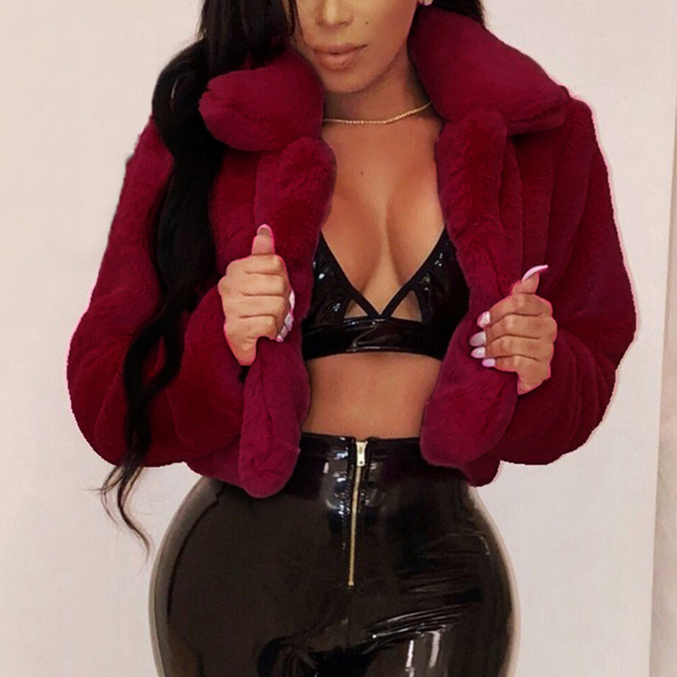 Warm Fluffy Faux Fur Cropped Jacket Turn Down Collar Open Front - Easy Pickins Store