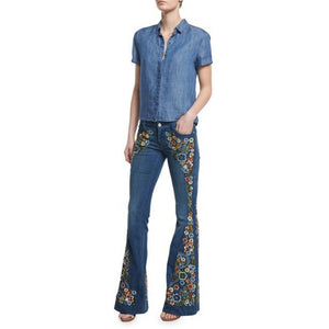 Embroidery Flowers Flare Button Waist Bell Bottom Denim Jeans