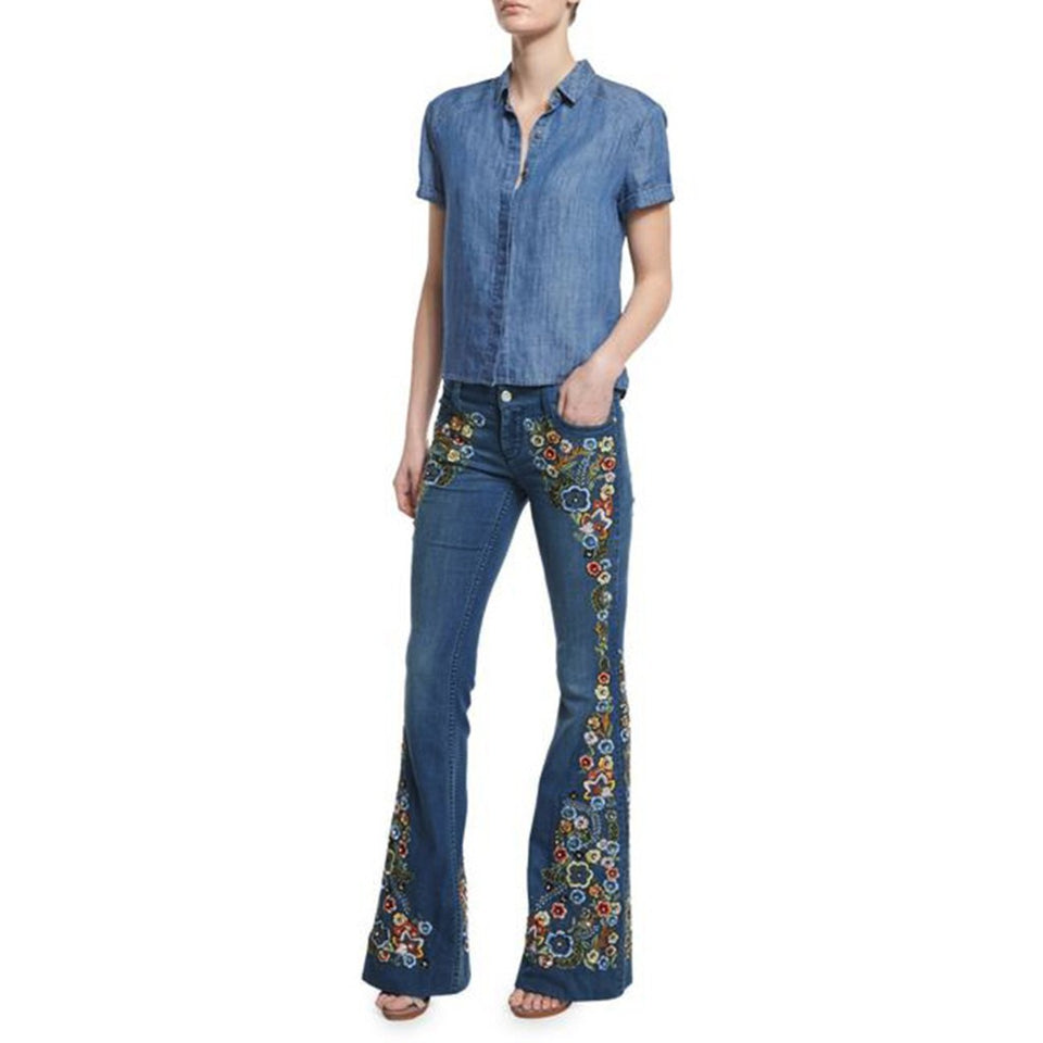 Embroidery Flowers Flare Button Waist Bell Bottom Denim Jeans