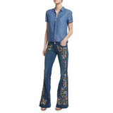 Embroidery Flowers Flare Button Waist Bell Bottom Denim Jeans