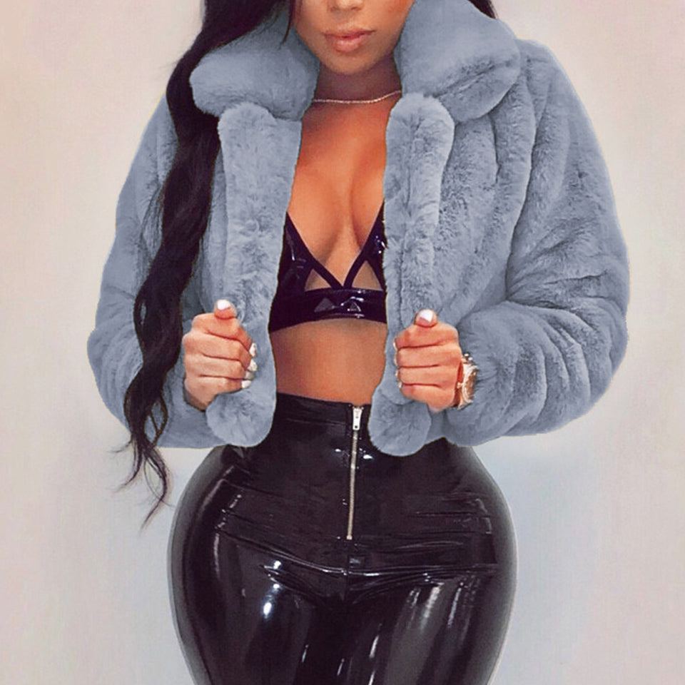 Warm Fluffy Faux Fur Cropped Jacket Turn Down Collar Open Front - Easy Pickins Store