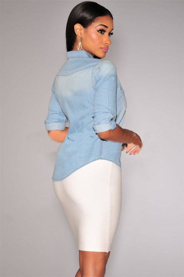 Retro Blue Jean Soft Denim Adjustable Long Sleeve Blouse