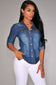 Blusa de manga larga ajustable de mezclilla suave de mezclilla azul retro