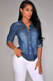 Retro Blue Jean Soft Denim Adjustable Long Sleeve Blouse