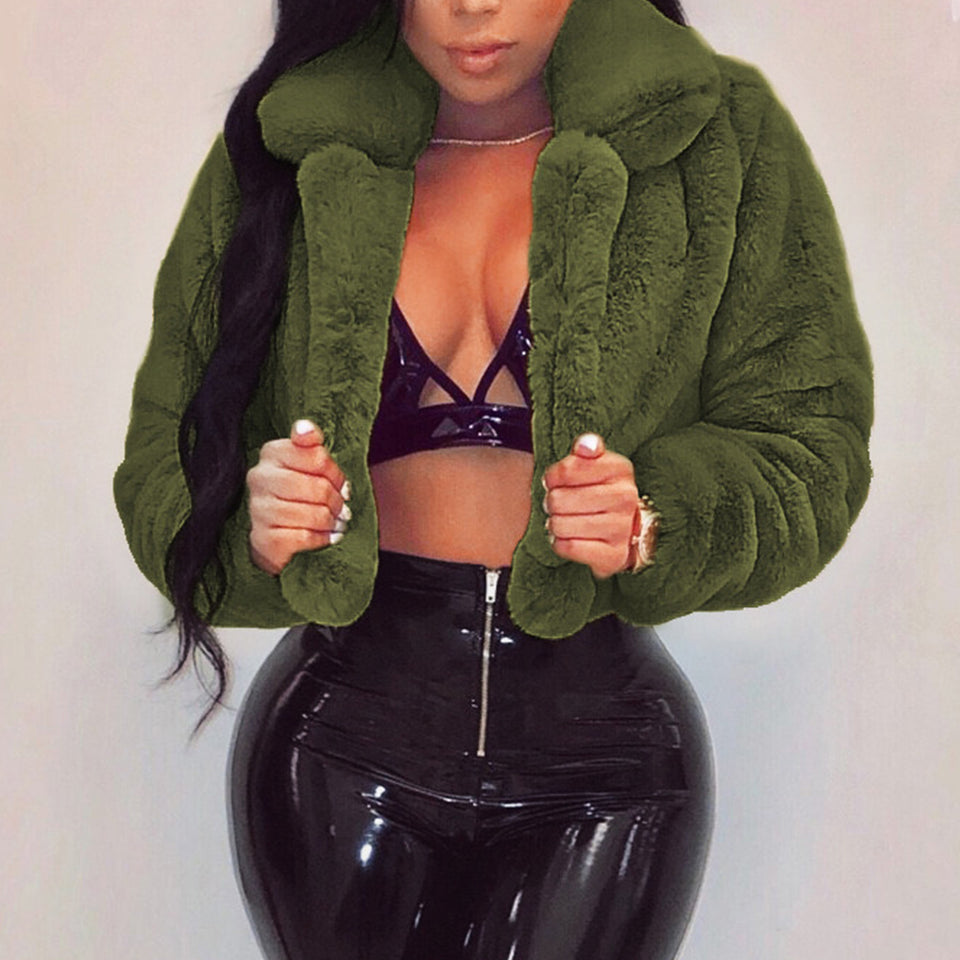 Warm Fluffy Faux Fur Cropped Jacket Turn Down Collar Open Front - Easy Pickins Store