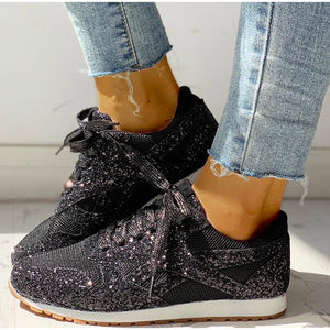 Mesh Glitter Lace Up Bling Platform Vulcanized Sneakers