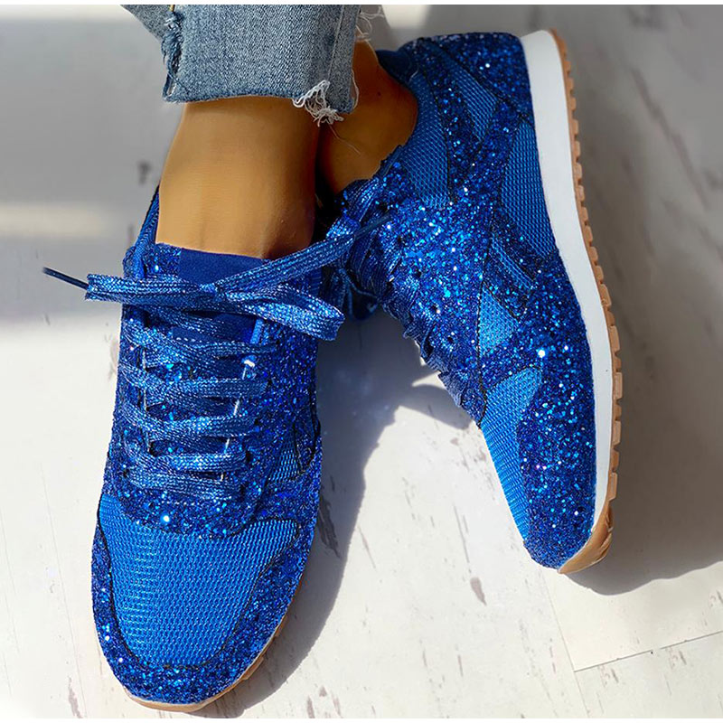 Mesh Glitter Lace Up Bling Platform Vulcanized Sneakers