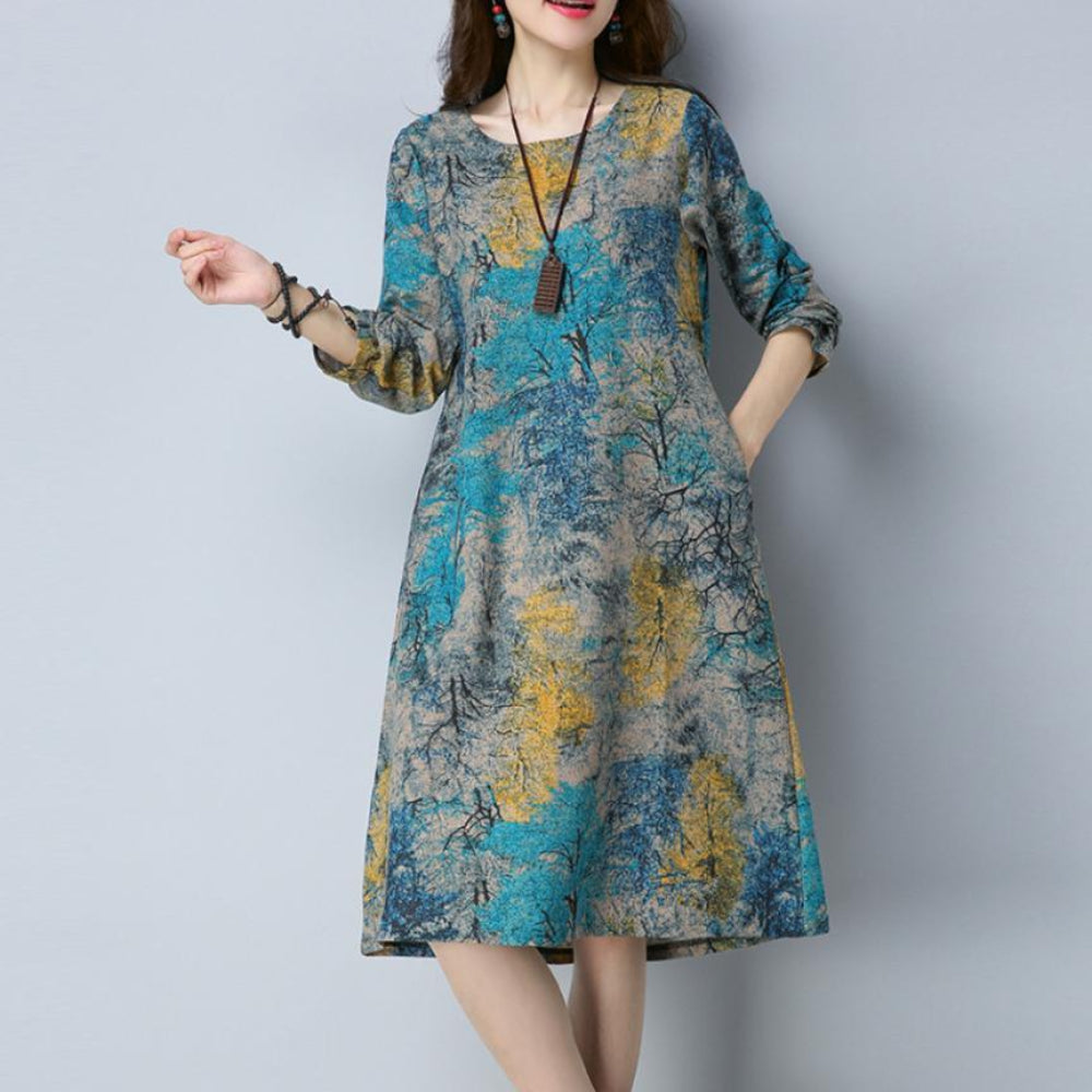 Long Sleeve O Neck Pocket Cotton Loose Dress | Easy Pickins