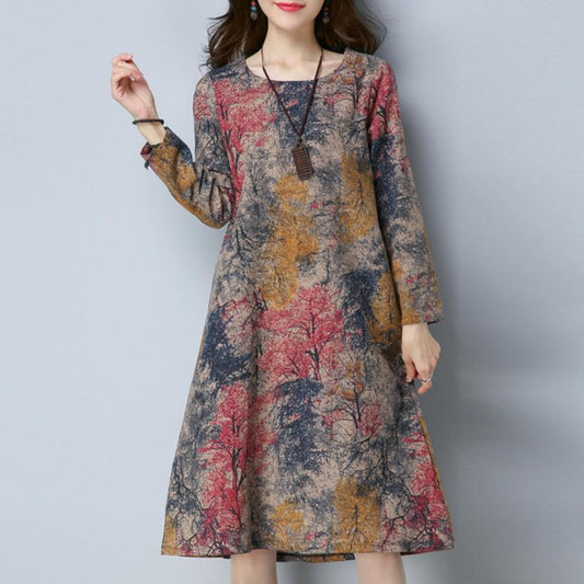 Long Sleeve O Neck Pocket Cotton Loose Dress | Easy Pickins