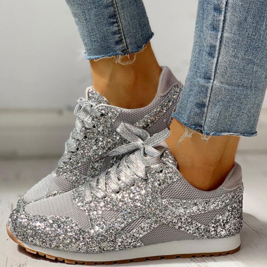 Mesh Glitter Lace Up Bling Platform Vulcanized Sneakers - Easy Pickins Store