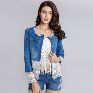 Turtleneck Lace Half Sleeve Denim Jacket