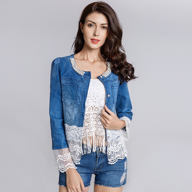 Turtleneck Lace Half Sleeve Denim Jacket