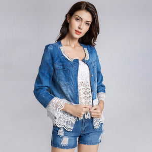 Turtleneck Lace Half Sleeve Denim Jacket