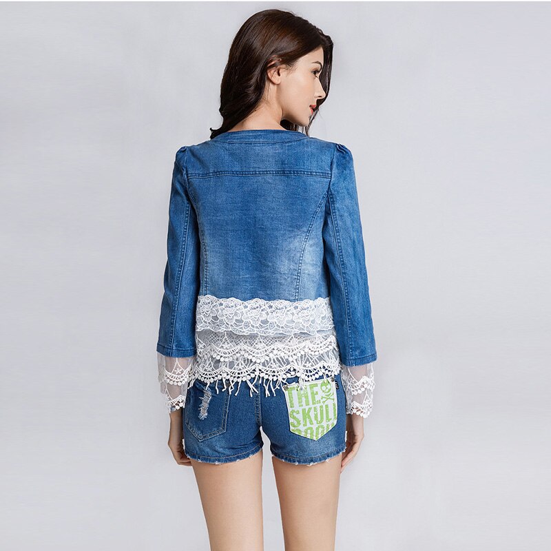 Turtleneck Lace Half Sleeve Denim Jacket