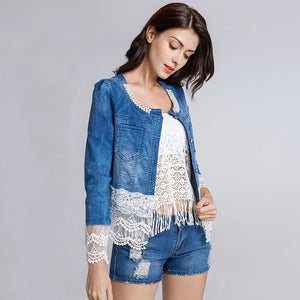 Turtleneck Lace Half Sleeve Denim Jacket