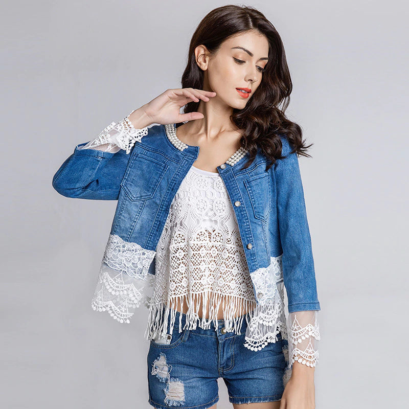 Turtleneck Lace Half Sleeve Denim Jacket