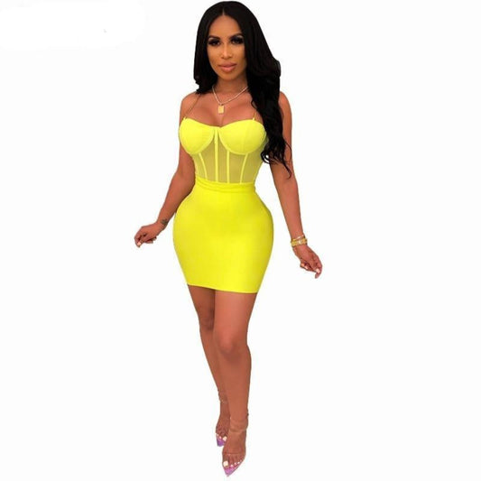 Sheer Mesh Spaghetti Straps 2 pcs Set Sleeveless Bodycon Mini Dress - Easy Pickins Store