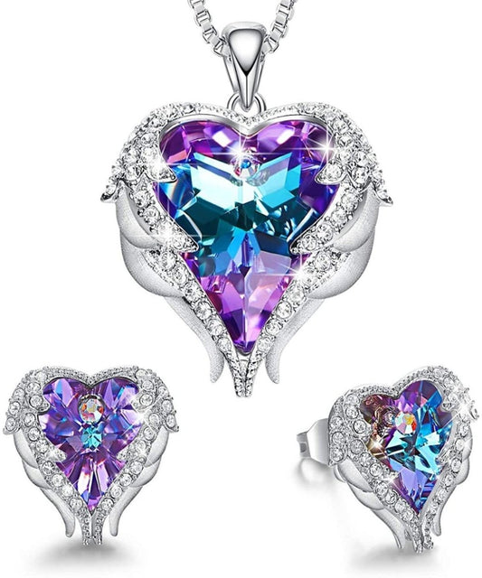 Angel Wing Heart Necklace & Earrings Jewelry Set Embellished Crystals - Easy Pickins Store
