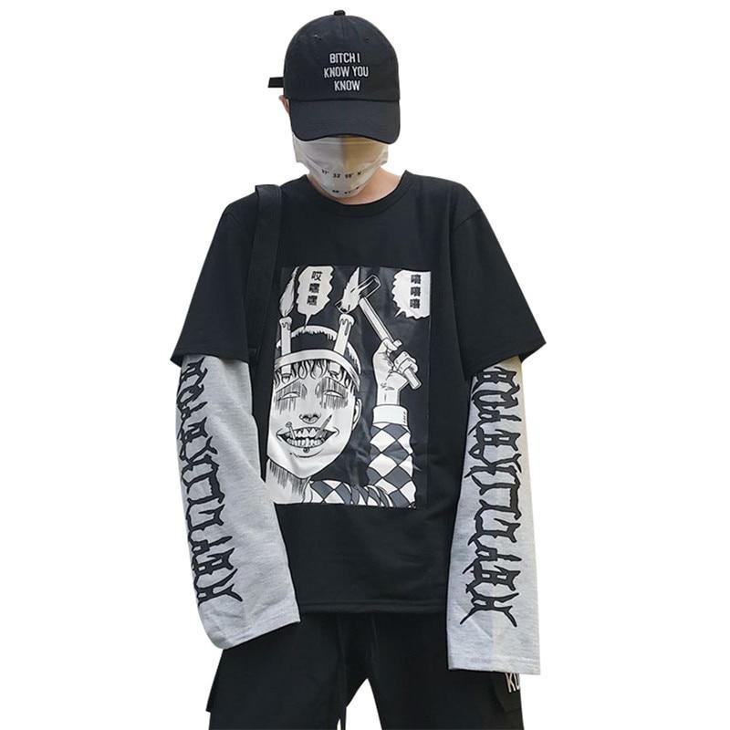 Anime Print T-shirt 2 Pieces O Neck Long Sleeve Loose - Easy Pickins Store