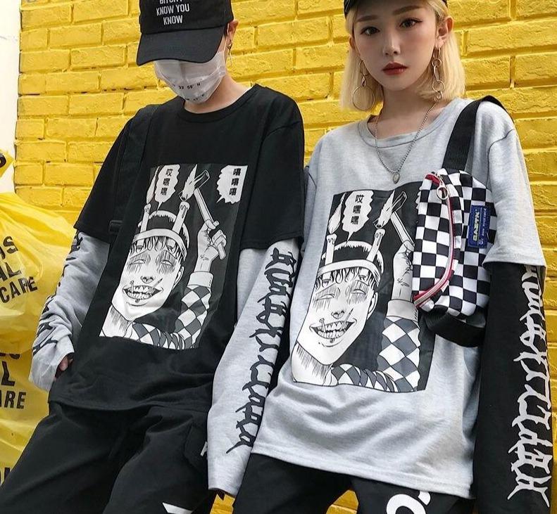 Anime Print T-shirt 2 Pieces O Neck Long Sleeve Loose - Easy Pickins Store
