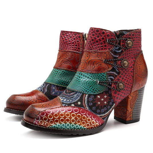 Ankle Boots Genuine Leather Retro Block High Heels - Easy Pickins Store