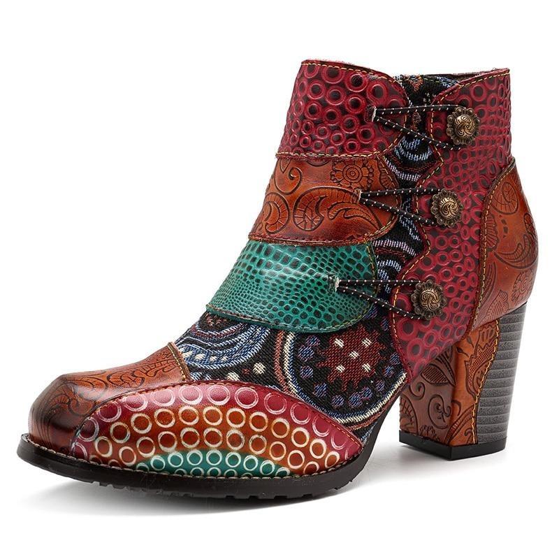 Ankle Boots Genuine Leather Retro Block High Heels - Easy Pickins Store