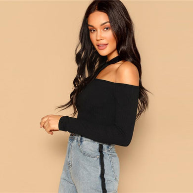 Asymmetric Cutout Neck Ribbed T shirt Long Sleeve Slim Fit - Easy Pickins Store