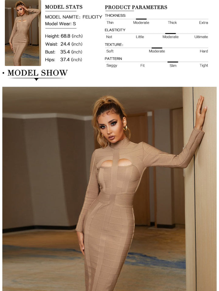 Bandage Dress Bodycon Cut Out High Neck Long Sleeve Rayon - Easy Pickins Store