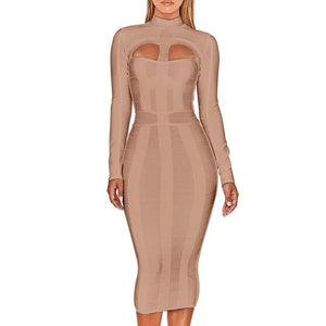 Bandage Dress Bodycon Cut Out High Neck Long Sleeve Rayon - Easy Pickins Store